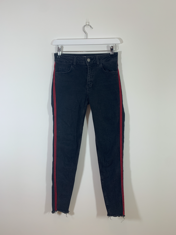 Washed Black Skinny Jeans with Red Stripe (Size 8)