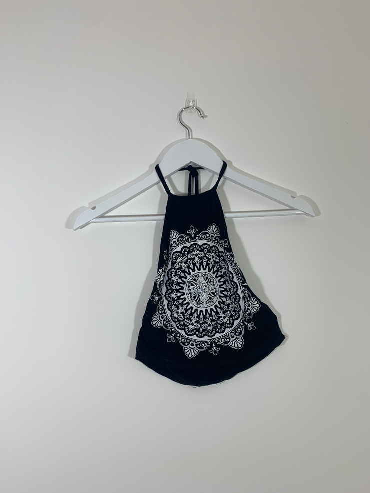 Printed Black Halter Neck Crop Top (Size 6)