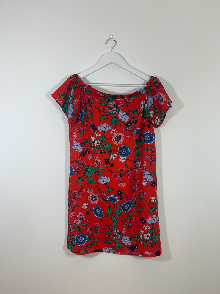Red Floral Print Bardot Dress (Size 8)