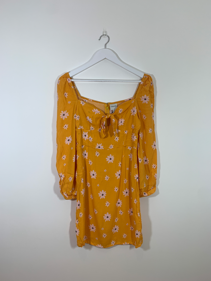 Mustard Floral Mini Dress with Bow Detailing (Large)