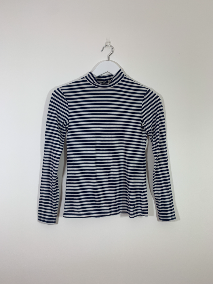 Blue High Neck Long Sleeve Stripe Top (Size 8)