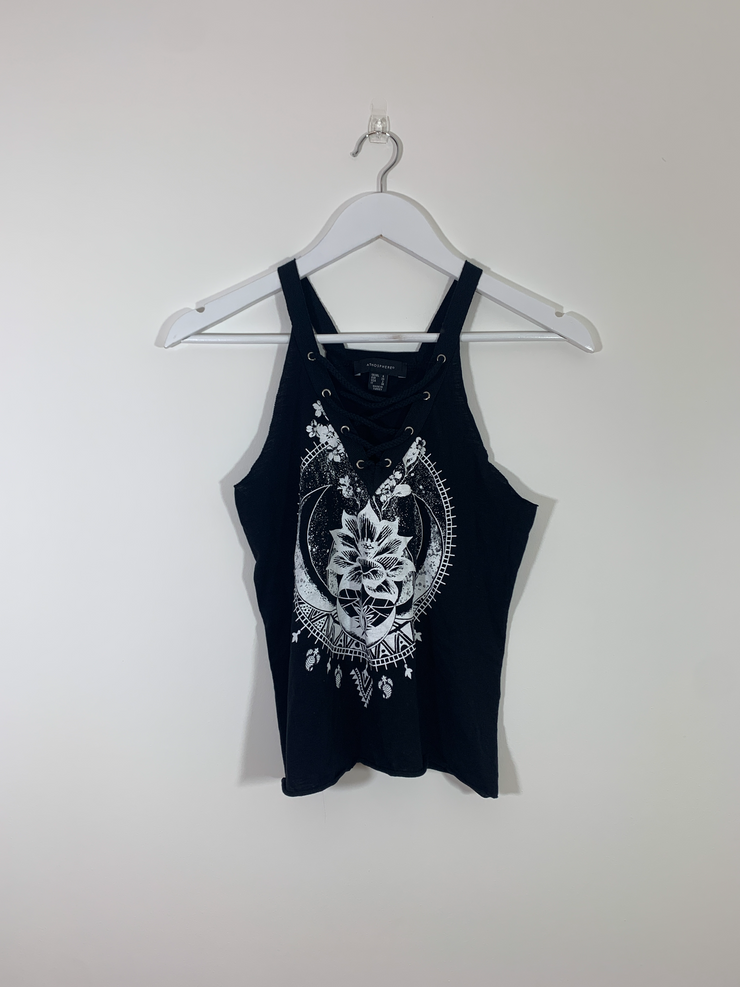 Black Strappy Top with Moon Print (Size 6)