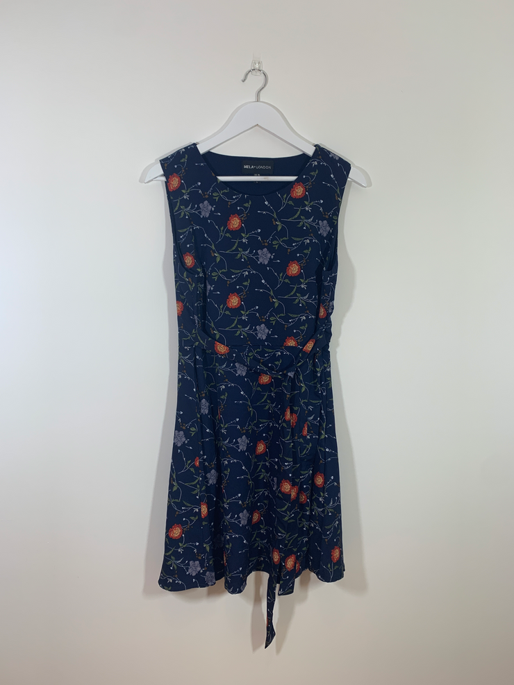 Blue Floral Skater Dress with Belt (Size 14)