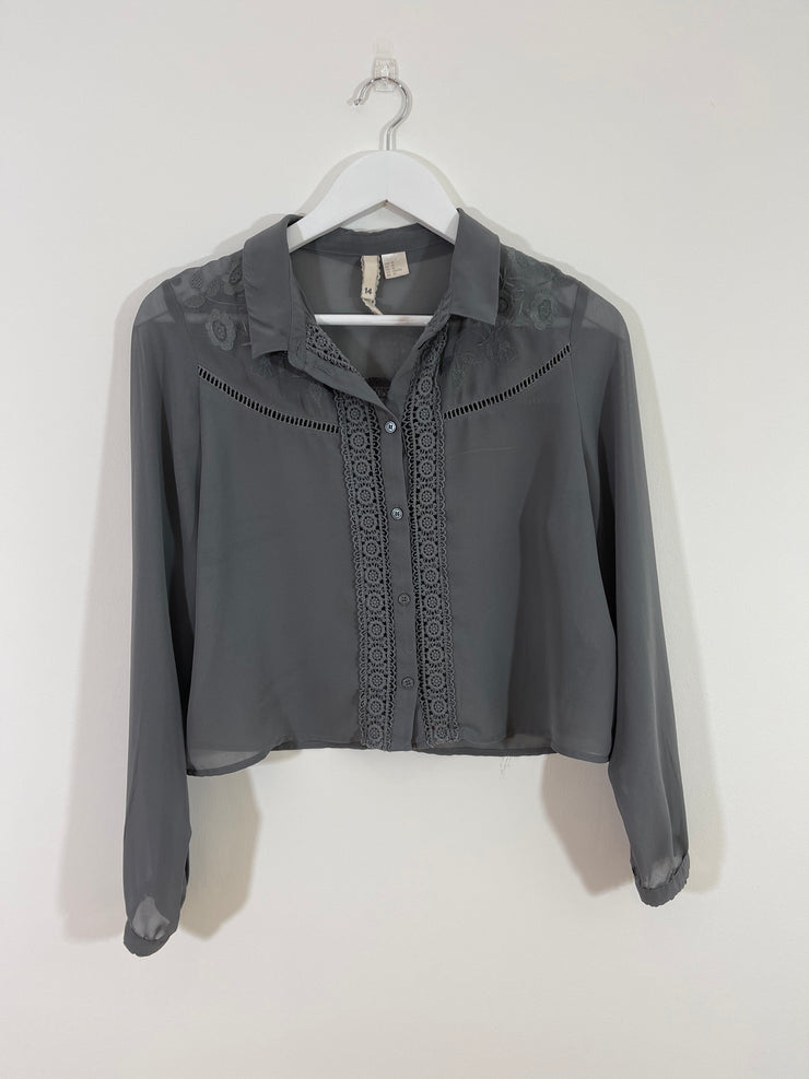 Grey Sheer Floral Shirt (Size 14)