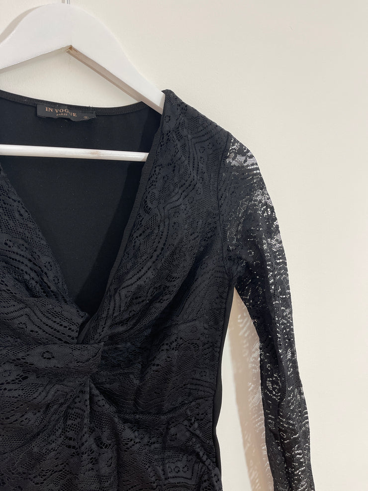 Lace Long Sleeve Black Bodysuit (Small)