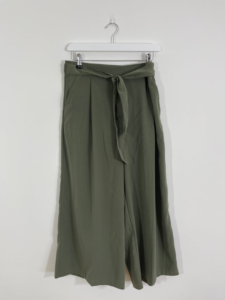 Khaki Green Cropped Wide Leg Trousers (Medium)