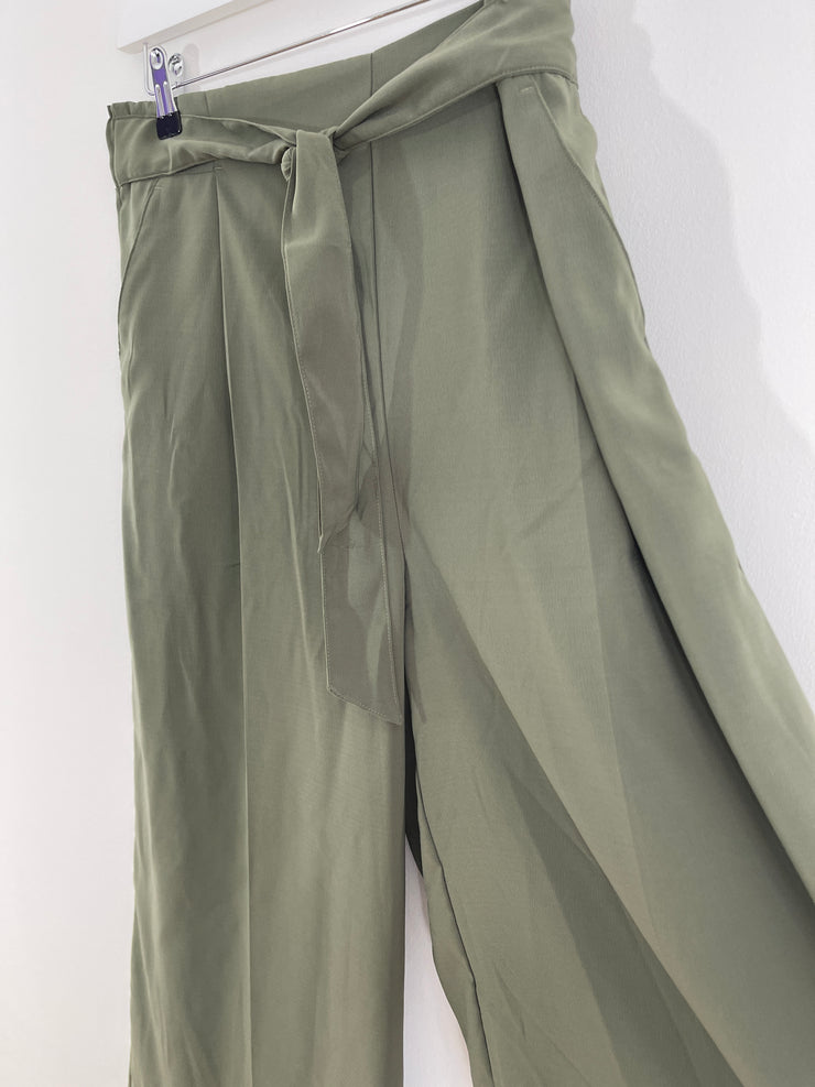 Khaki Green Cropped Wide Leg Trousers (Medium)