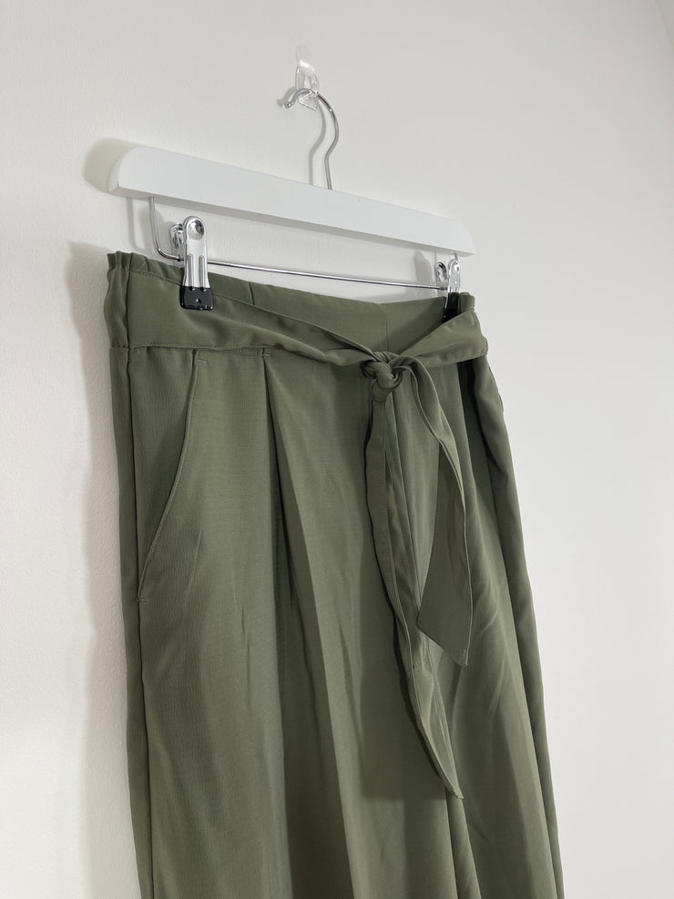 Khaki Green Cropped Wide Leg Trousers (Medium)
