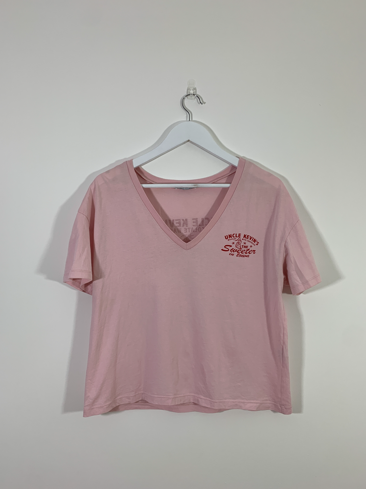 Pink Waffle Print V Neck T-Shirt (Medium)
