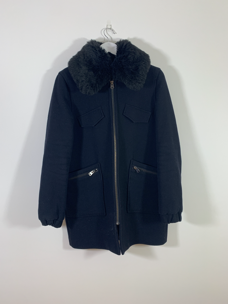 Black Coat with Fur Collar (Size 12)