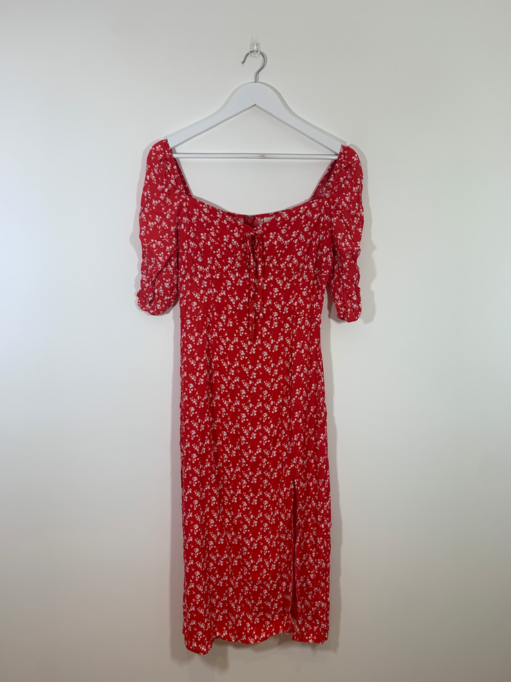Red Floral Midi Dress with Square Neck (Large)