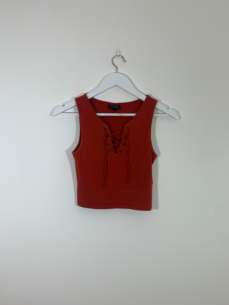 Rust Crop Lace Tie Front Top (Size 8)