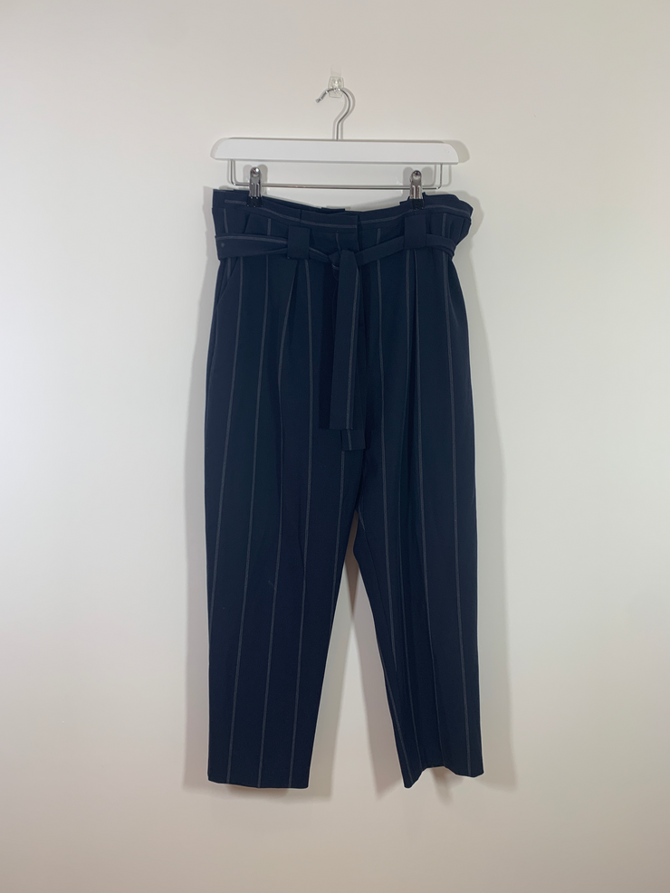 Blue Stripe Tapered Trousers with Paper Bag Waist (Size 12)
