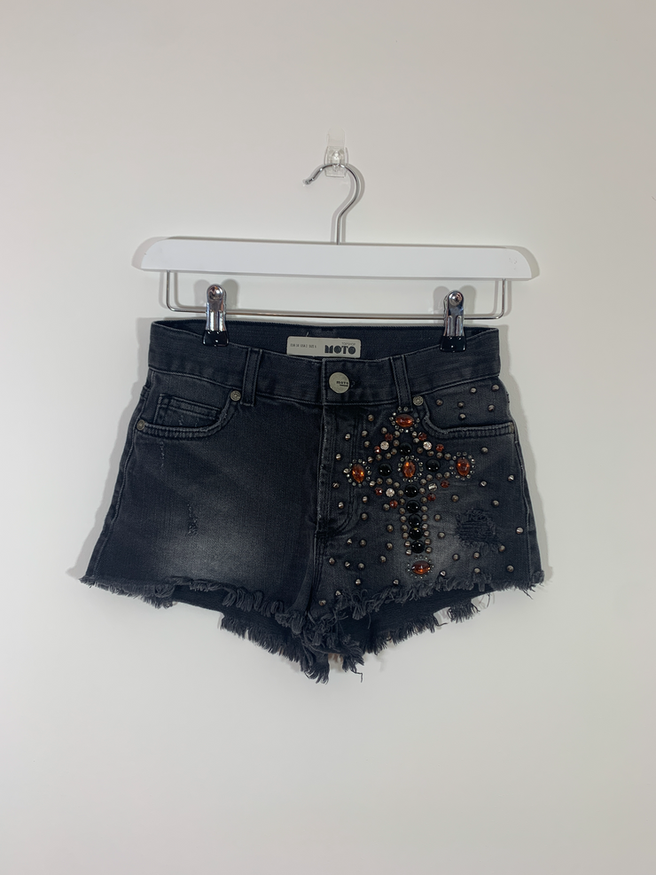 Black Hot Pant Denim Shorts with Gems (Size 6)